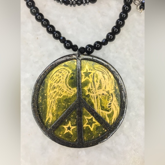 Peace Handcrafted Brass/Copper mixed metal on gemstone beaded necklace 20-22β - Picture 7 of 16